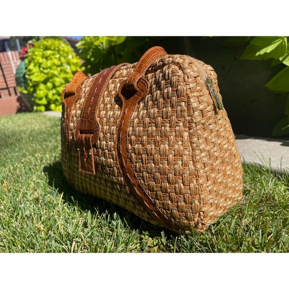 NWT Helen Kaminski Brown Leather Straps Brown Woven Handbag Zipper Top - Picture 5 of 5